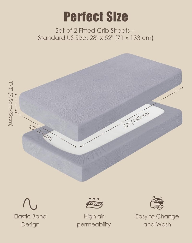 SWEET DOLPHIN 2-Pack Muslin Crib Sheets for Boys & Girls, Ultra Soft Breathable 40S Long-Staple Cotton Fitted Baby Sheets for Standard Crib Mattress 52"x28", Slate and Grey- Nursery Essentials - Image 5